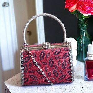 Black Crystal  Lips Two Way  Evening Mini Hand Bag Crossbody
